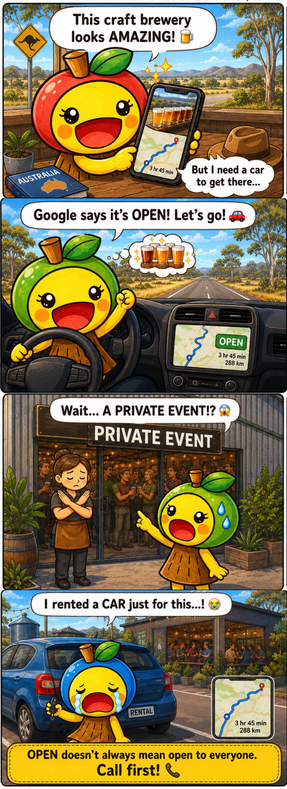 Restaurant closed for a private event RinRin arrives at a craft brewery that is open but unavailable because of a private event.
